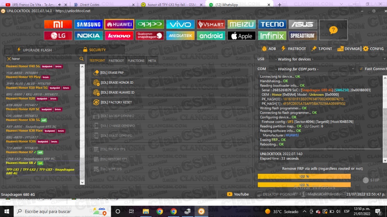 Frp Honor X8 Tfy-lx3 Con Unlock Tool (aporte) - Clan GSM - Unión
